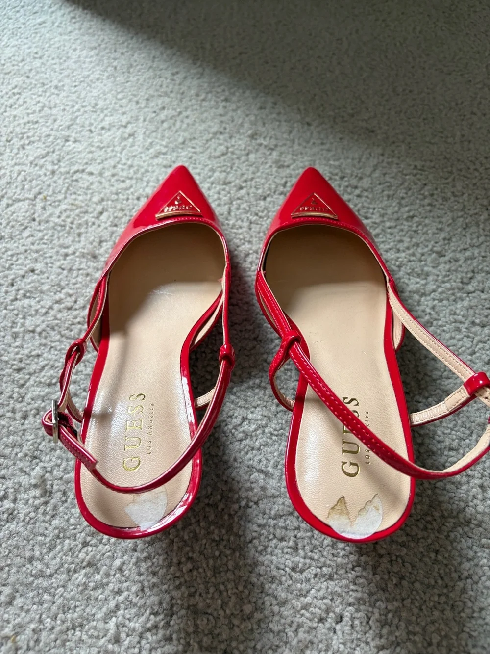 GUESS Red Patent Pointed Slingback Flats with Logo Accent
